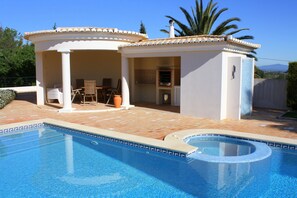 BBQ Kitchen, al fresco dining set, jacuzzi and pool shower