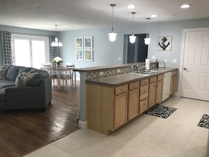 Galley kitchen with a open floor plan