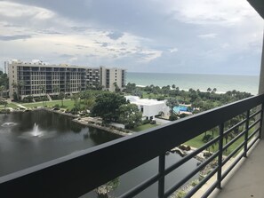 Enjoy the oversized penthouse balcony to overlook the beach, pool, and pond.