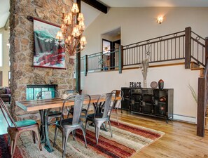 Professionally decorated dining room with one of a kind furniture. 