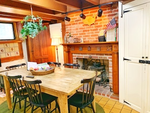 Kitchen with decorative fireplace