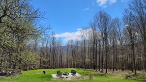 Blue stone fire pit and view of the Catskills. 