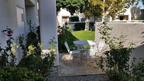The front patio is more secluded.