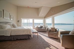 Photo taken from entrance into Master Suite . Super comfy King bed with view