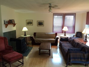 living room with wood stove