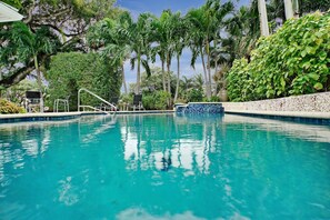 Saltwater pool with waterfall hot tub under the palms trees