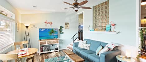 Welcome to Beach Vibes! Come on in!  (View from the door)  SMART Tv in living room.