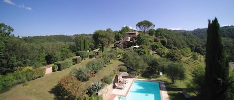 Heated pool with the house in the background 