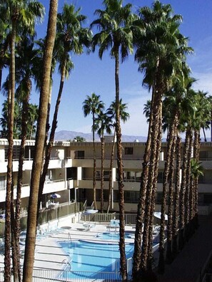 View from west side of complex to the east where you see the pool and spa.