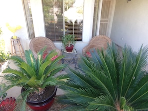 The front patio has partial privacy as it is surrounded by Sago palms & Oleander