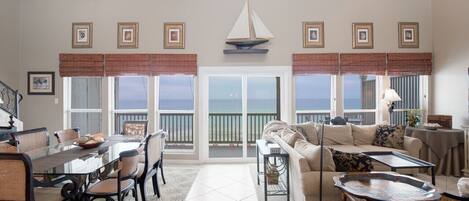 Tasteful beachy decor, beautiful views, open living.