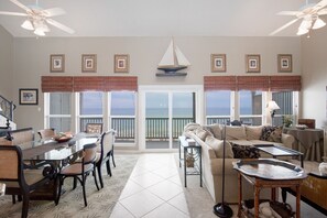 Tasteful beachy decor, beautiful views, open living.