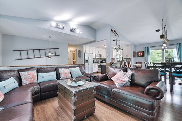 Charming Farmhouse Open Floor Concept - Living Room, Dining Room, and Kitchen 
