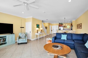 Spacious living area with downstairs powder room