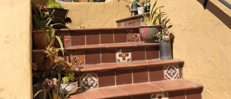 Approximately 20 stairs leading to front door entrance. Terracotta tiles.