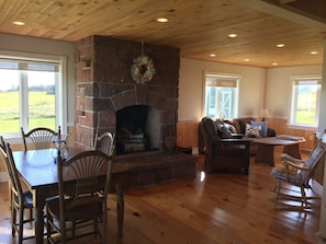 The Island stone fireplace is a cozy centrepiece of the cottage.