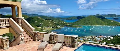 Pool deck with view of Coral Bay and the BVI's