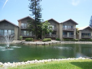 Our condo is the lower unit in the middle building overlooking the lake