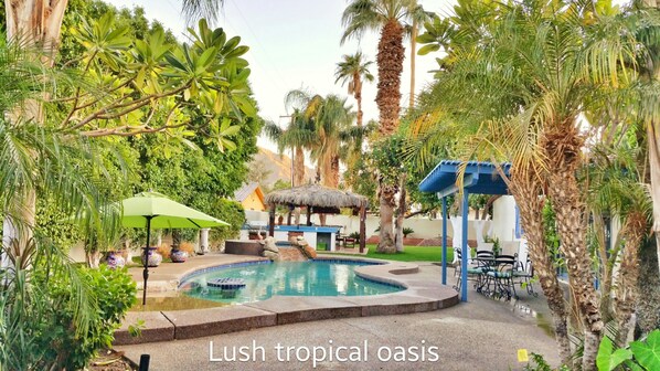 View of pool and patio deck from the Casita's french doors.
