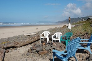 Down the beach path is Capehaven's firepit we built for our guests. (Seasonal)