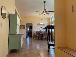 Front door entrance with bench