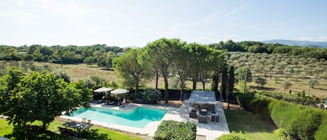 Panoramic views over an olive grove, the countryside and the maritime alps.