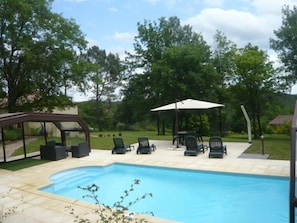 4 star gite, fabulous, heated pool, sunny terrace, loungers, garden and view 