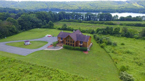 bird-eye view of the lodge and Beltzville lake