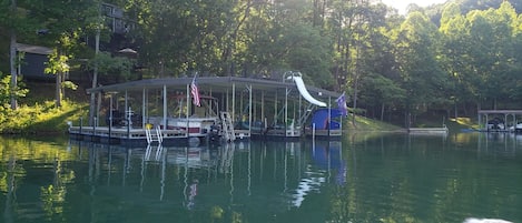 View of the new 3 slip dock with upper deck and slide