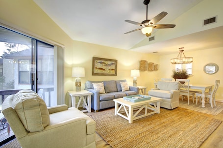 Living and Dining Area at 406 Harbour Oaks - Bright, open living and dining space at 406 Harbour Oaks, perfect for relaxing after a beach day or walking back from dinner at Barbara Jean’s.