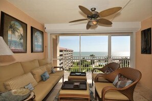 The screened in lanai has a great view of the gulf.