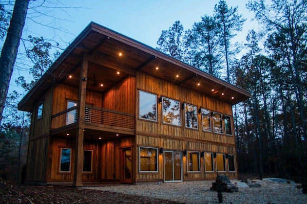 Lakeside House View. Upper and lower level covered porches, patio fire pit