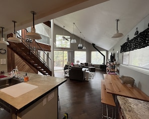 Vaulted ceiling and lots of space.