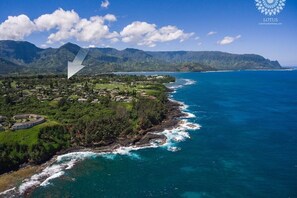 Aerial Photo from the Ocean Bluff with Arrow Pointing to the Home