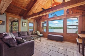 Living area with large windows overlooking the lake