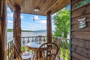 Covered deck with lake views