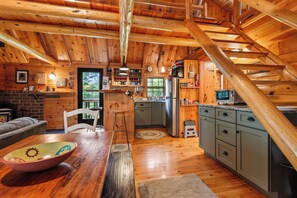 Open concept interior with warm wood accents