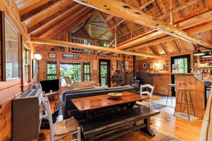 Open concept interior with warm wood accents