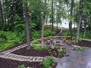 View from deck.  Flagstone path down to water (gentle slope)