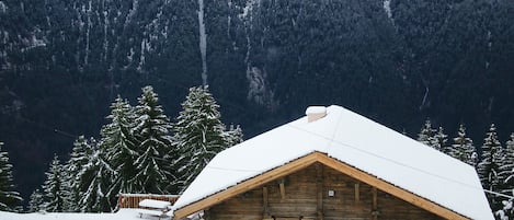 Vue du chalet de la route - sur chemin d'accès et une des terrasses