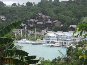 View across the bay  to the resort and marina