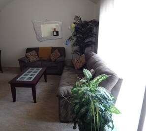 Living room with high ceilings off the main entrance.