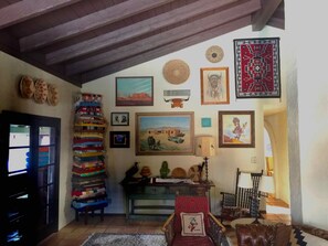 Living room designed to resemble an "old west" trading post.