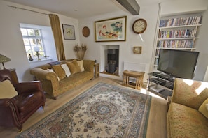 Living room with bio-fuel fireplace, TV and DVD library of over 250 titles 
