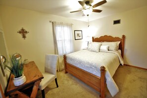 Bedroom #1 with Queen Bed and Vanity.  