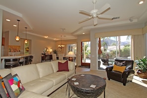 Open Floor Plan. View from living room looking out to pool.