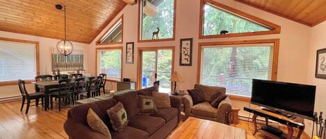 High ceilings with pine and post beams for that true chalet look and feel!