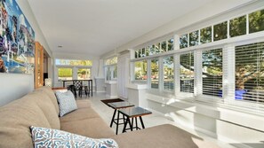 Entry Room/Front Door Entrance: Desk/Chair, 4 Barstools W/ Table,
Sofa, tables  
