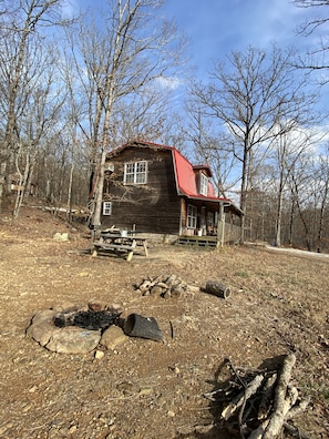 Main cabin side view - BBQ & picnic table, and fire pit area
