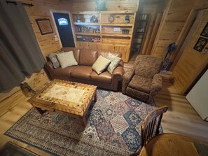 Birds eye view of living area/family room.  